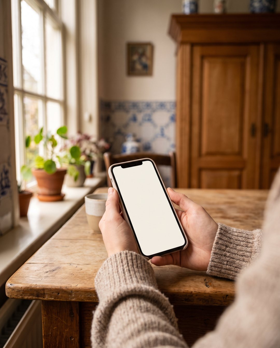 Voorbeeldpost: handen met een telefoon aan tafel bij het raam